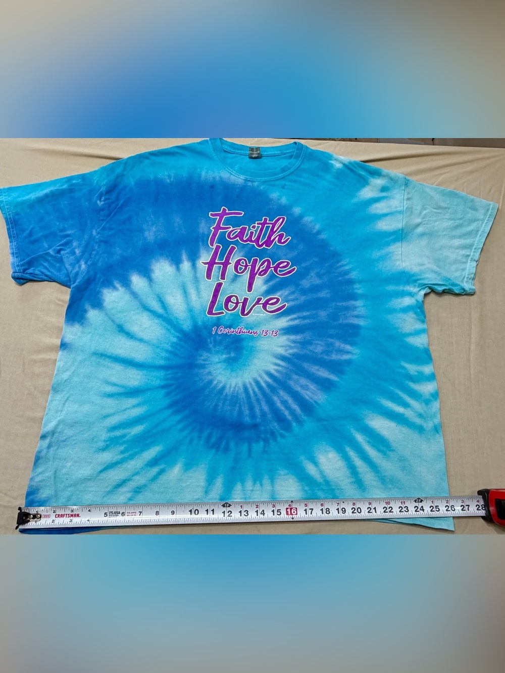 Gildan Heavy Cotton Women’s XL Blue Tie-Dye Faith Hope Love Graphic T-Shirt